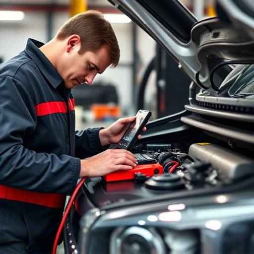 Battery being tested: A technician testing a car battery with specialized equipment