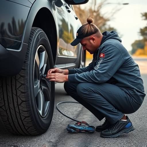 Mechanic repairing a flat tire