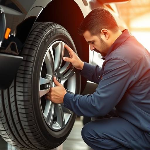 Mechanic rotating tires on a car