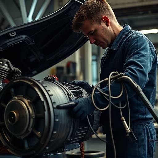 Transmission repair: A mechanic working on a car transmission